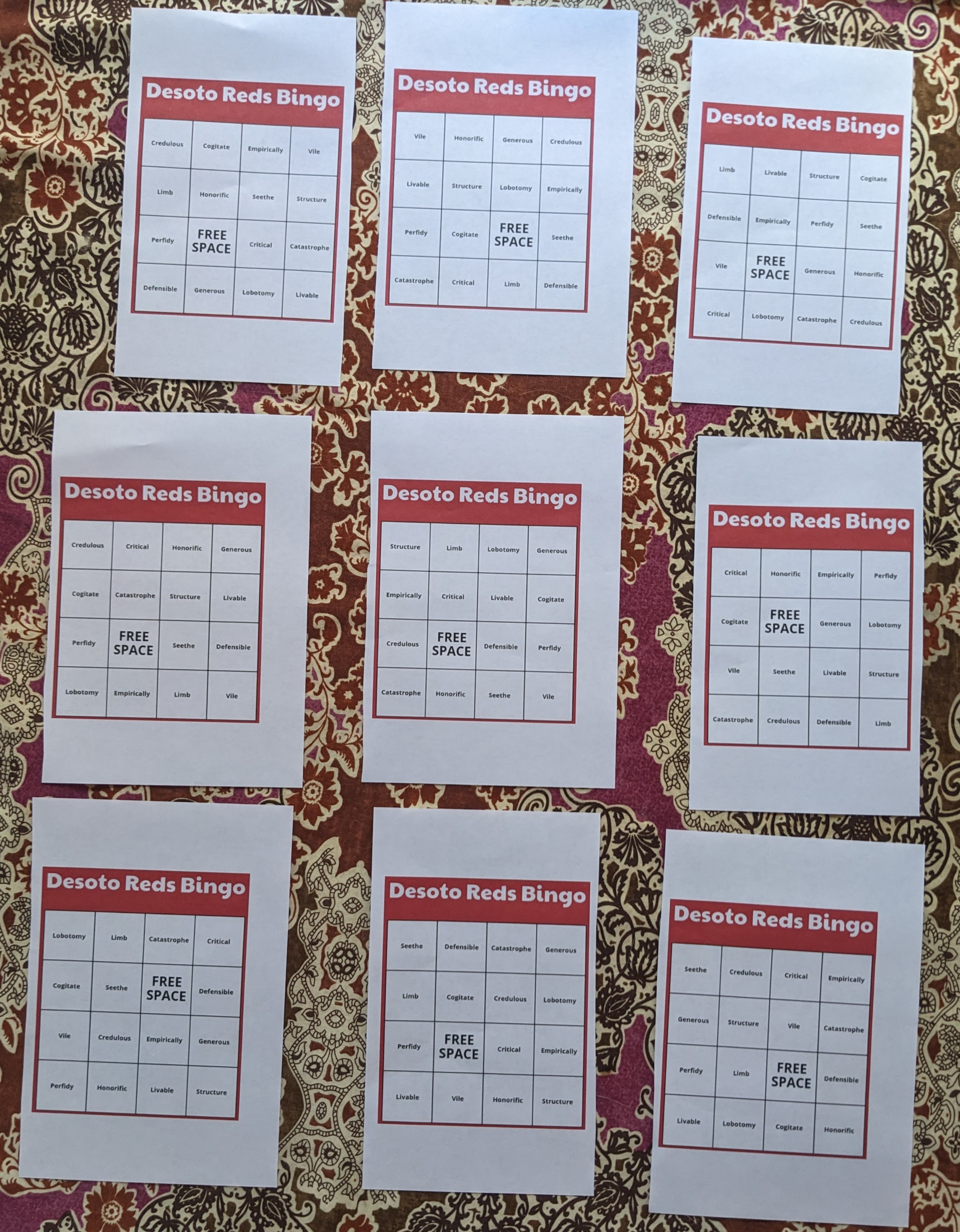 Desoto Reds Bingo cards featuring the band's song lyrics